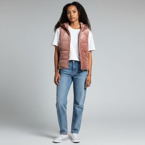 NWT Solid Pink Mauve Velvet Sleeveless Puffer Vest With Hood Full zip size M